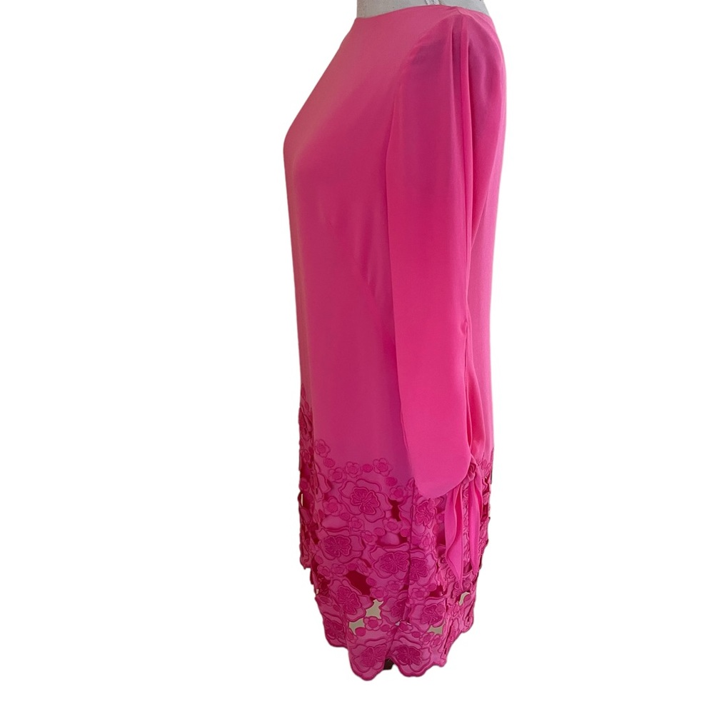 Tahari ASL Bubblegum Pink Shift Dress with Long Tie Sleeves and Lace Hem - Picture 6 of 10
